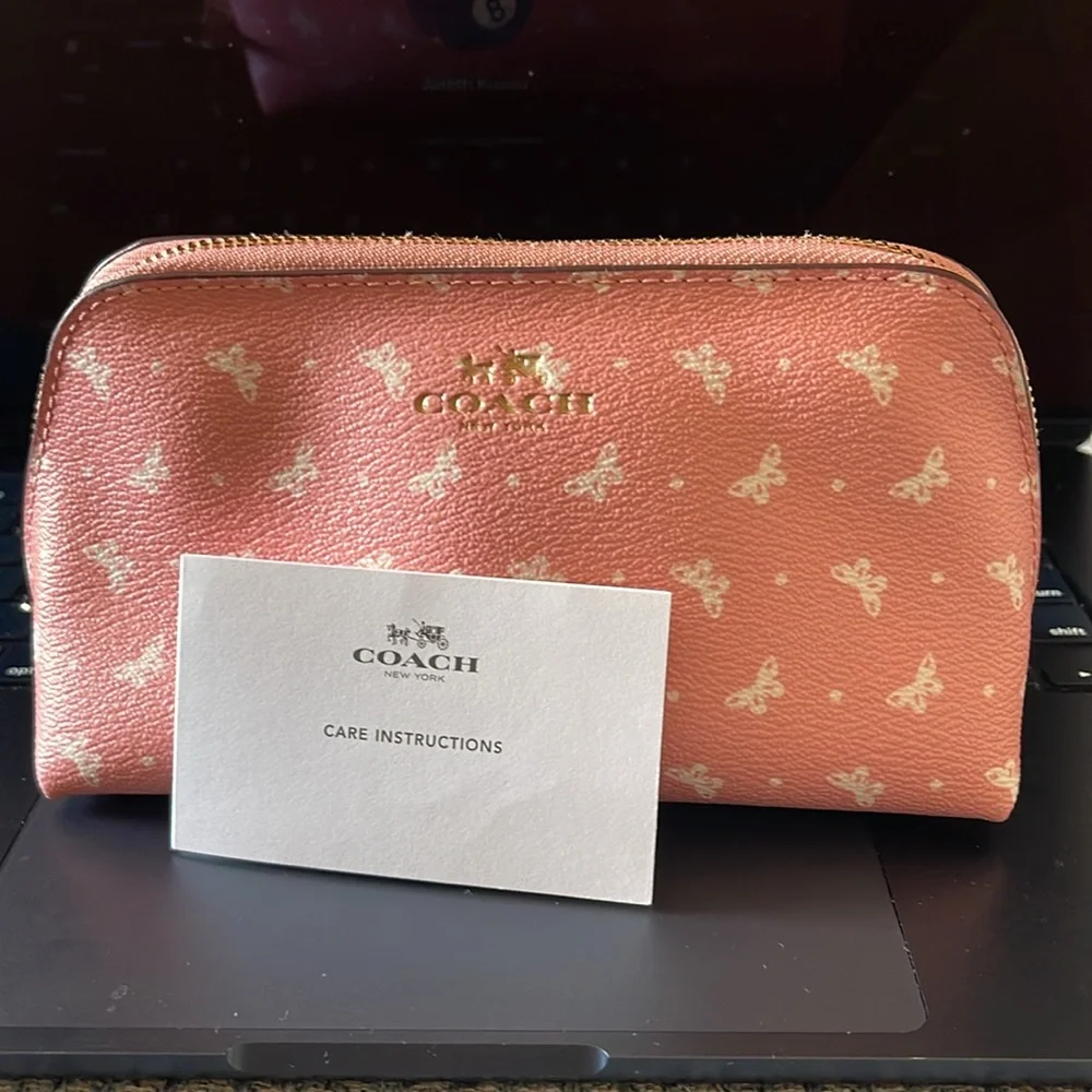 Coach Pink/White Butterfly Dot Print Coated Canvas Cosmetic Case. - Picture 7 of 9